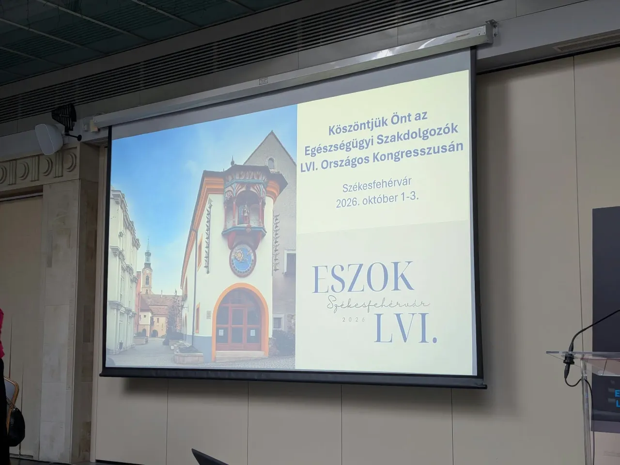 The ESZOK 2026 welcome screen at the 56th National Congress of Healthcare Professionals in Székesfehérvár.