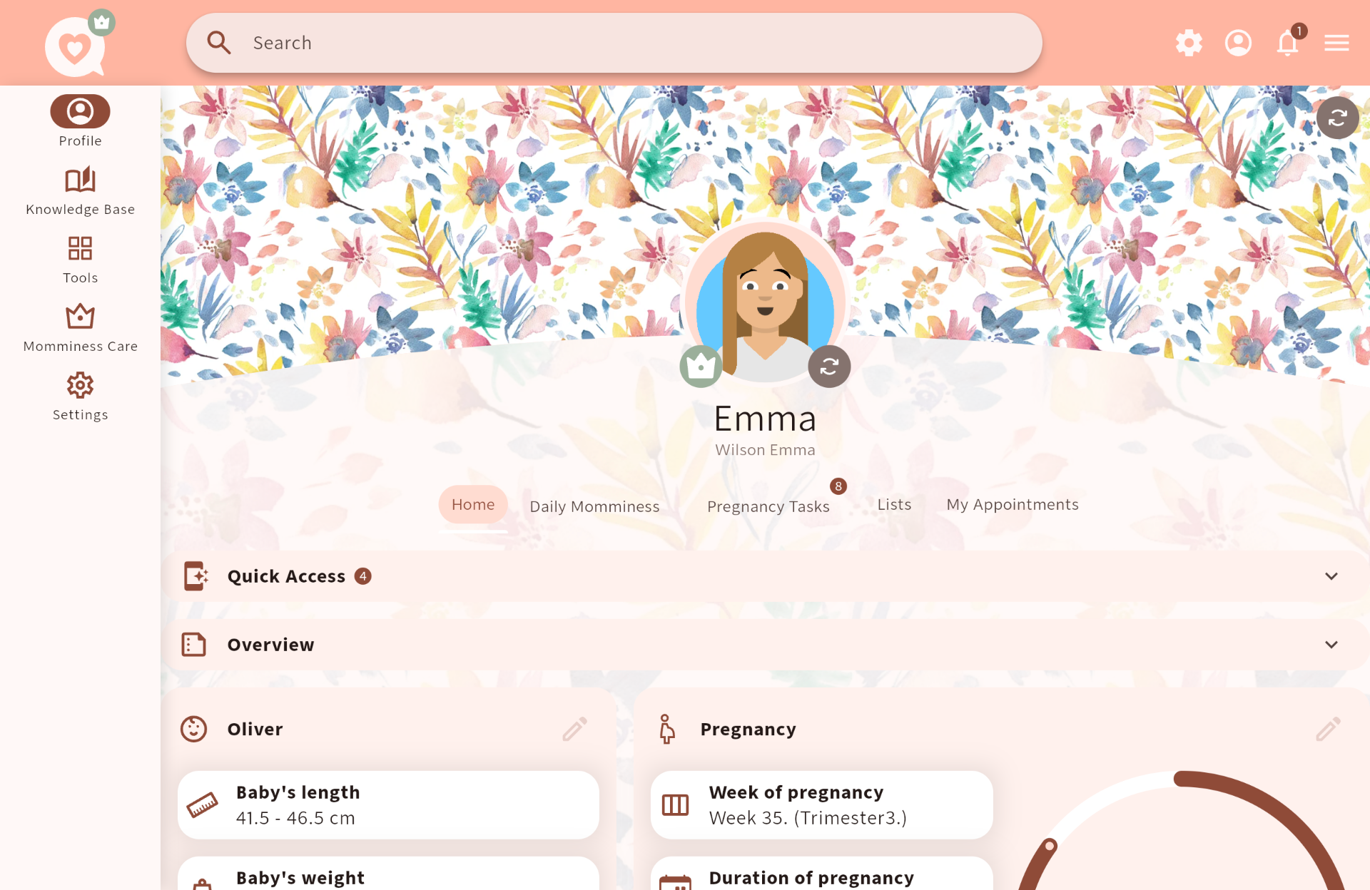 Momminess desktop dashboard showing Quick Access, pregnancy and child overview cards for Emma's family⁠.