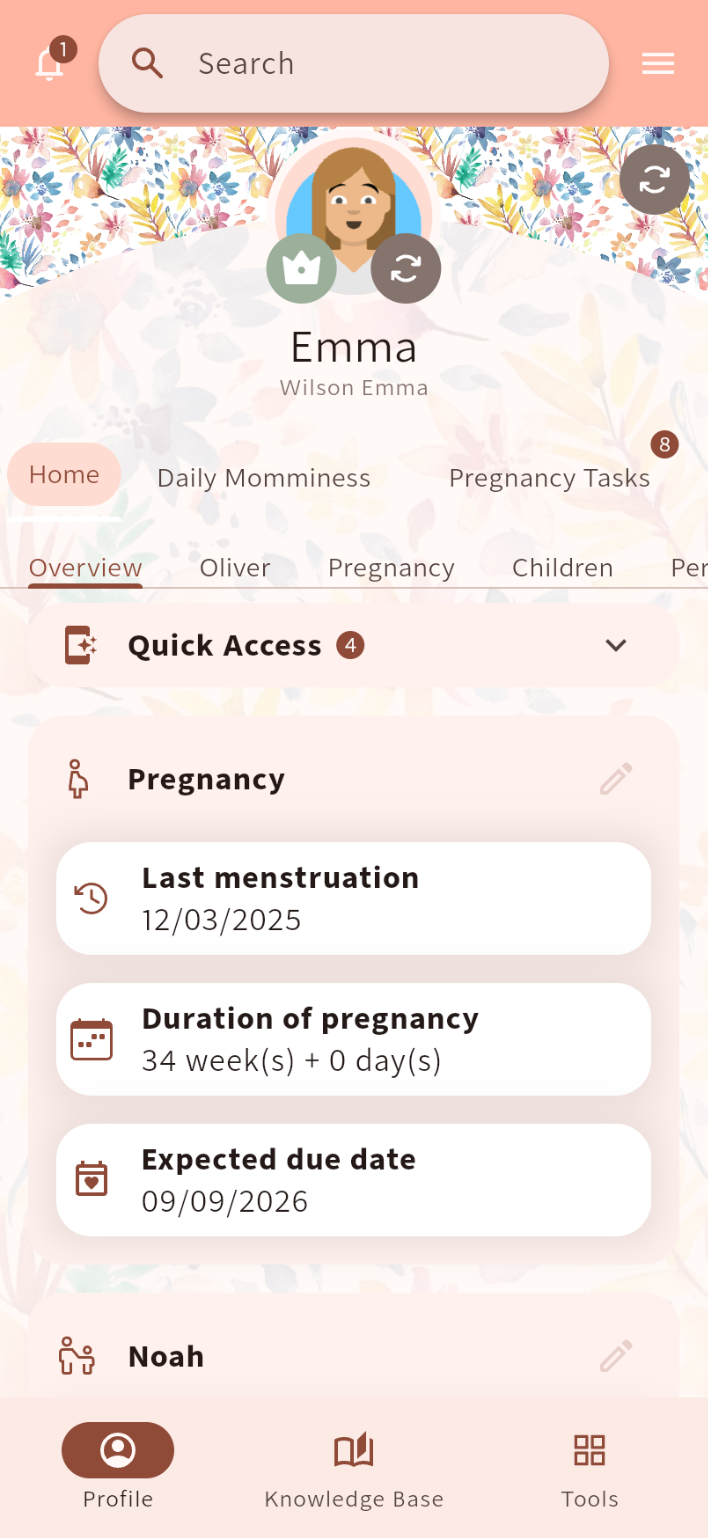Momminess mobile dashboard showing Quick Access and pregnancy details⁠.