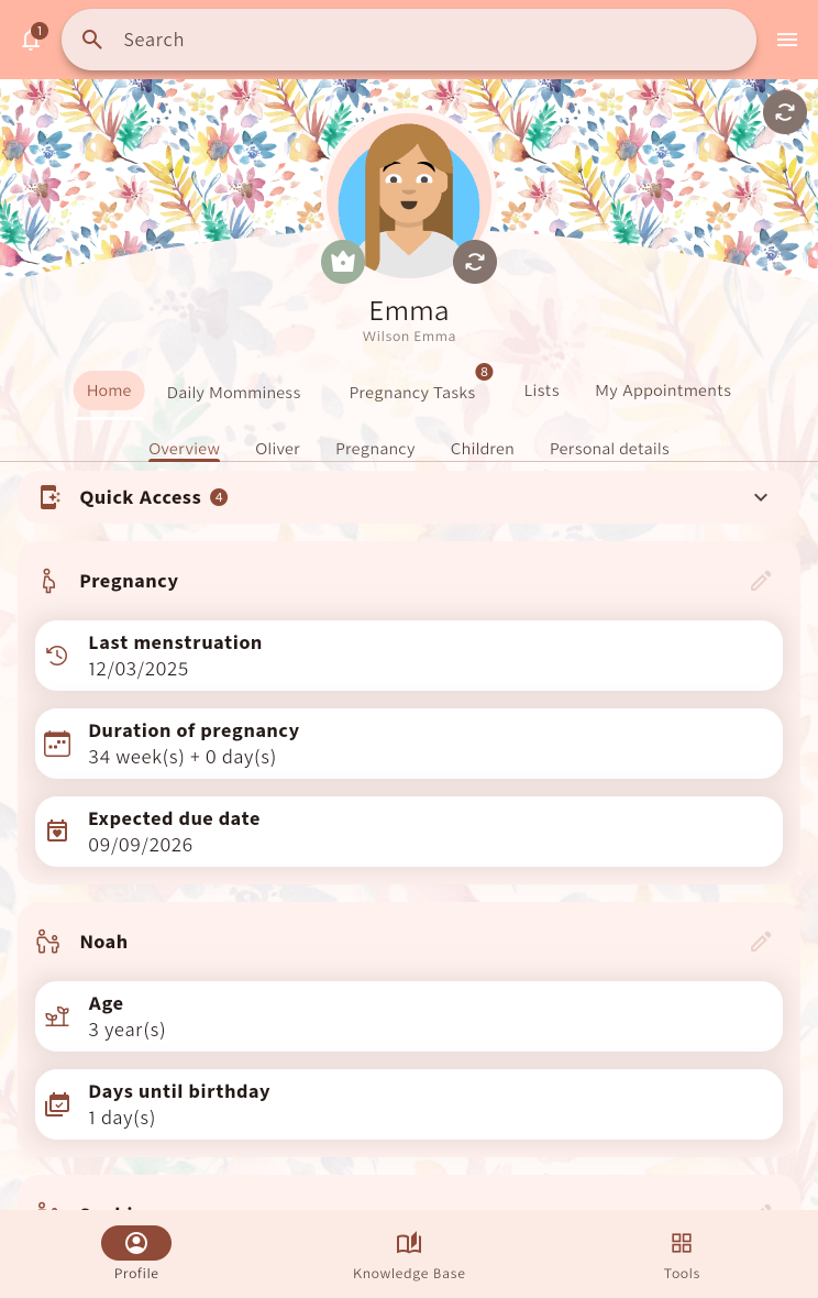 Momminess tablet dashboard showing pregnancy and child details in a touch-friendly layout⁠.
