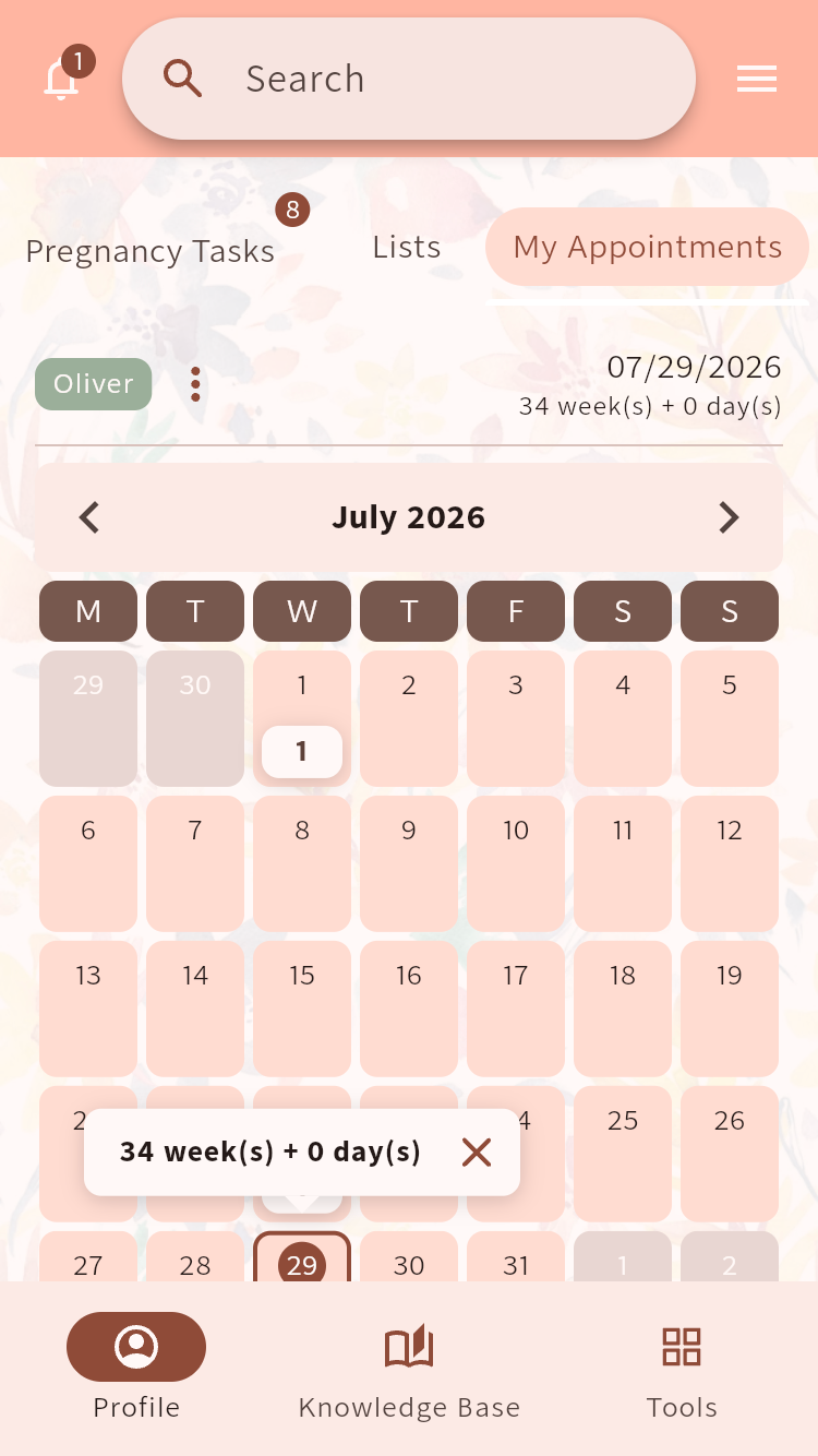 Pregnancy appointment calendar showing the selected day and pregnancy week⁠.