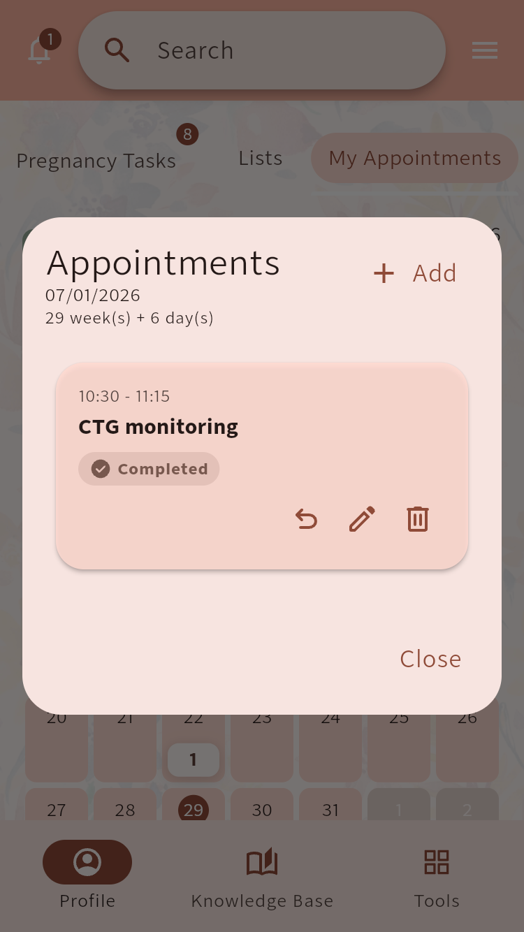 Appointment details showing a completed CTG monitoring visit and editing controls⁠.