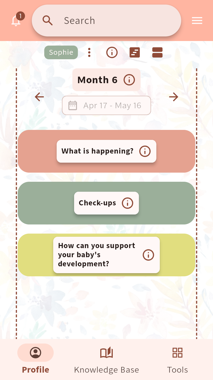 Baby Tasks timeline for Sophie at month 6, with cards for development, check-ups and ways to offer support⁠.
