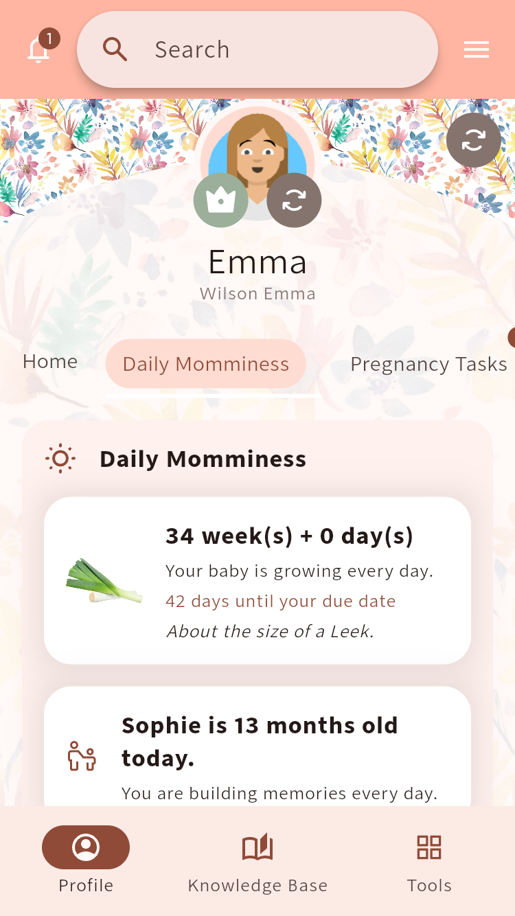 Daily Momminess screen showing pregnancy progress, a child's age and personalized cards for today⁠.