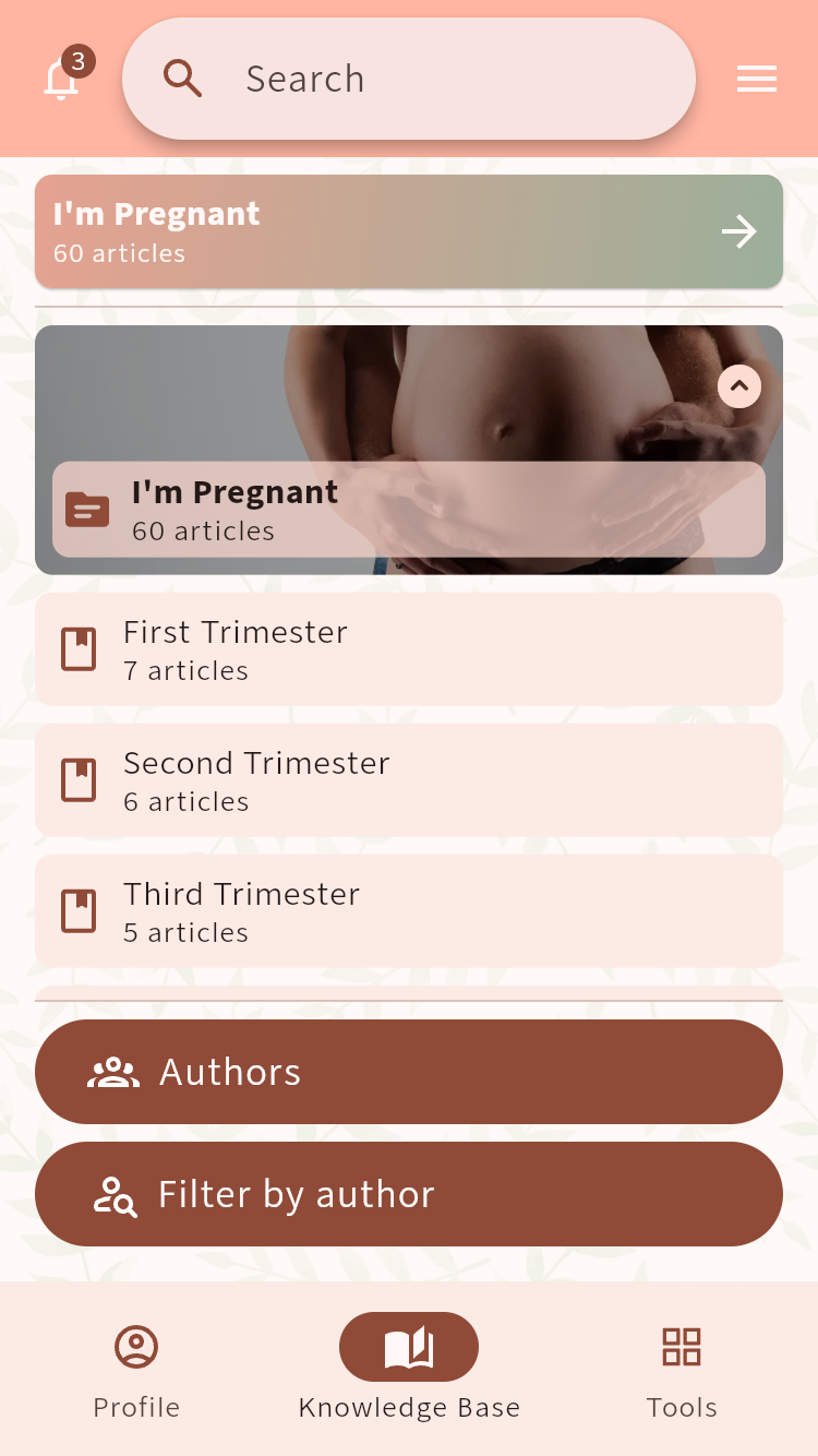 Knowledge Base category browser showing pregnancy articles grouped by trimester, with author browsing and filtering⁠.