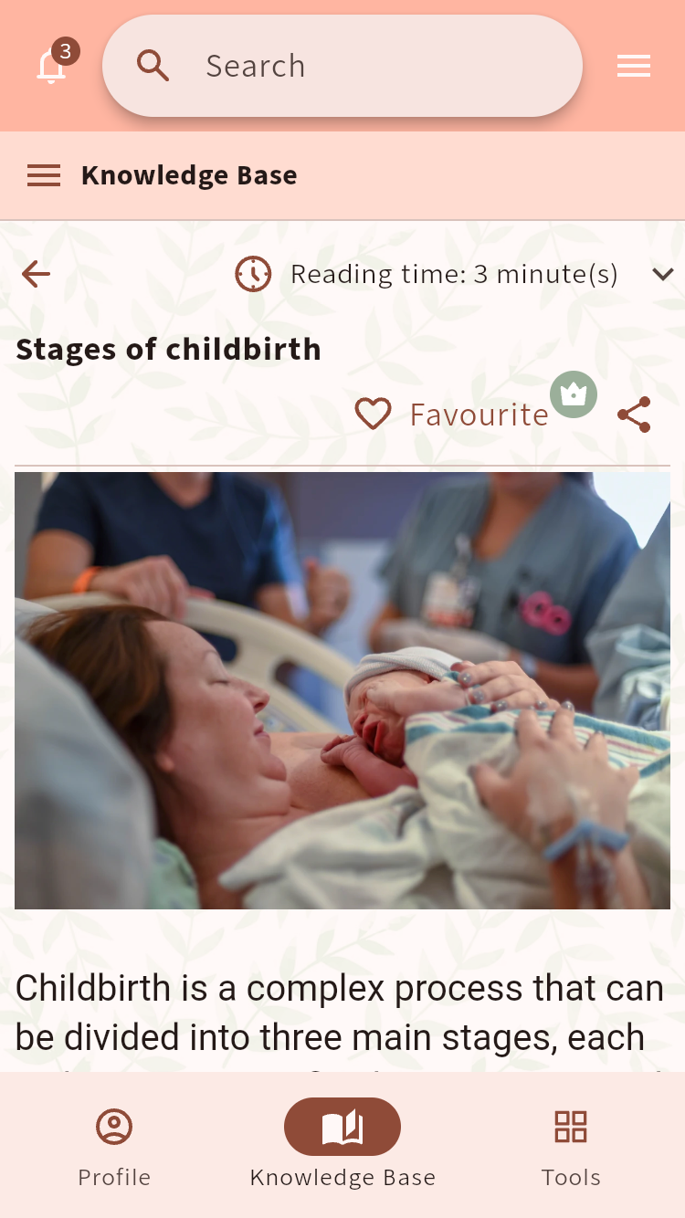 Knowledge Base article about the stages of childbirth, showing its reading time, share control and favourite option⁠.