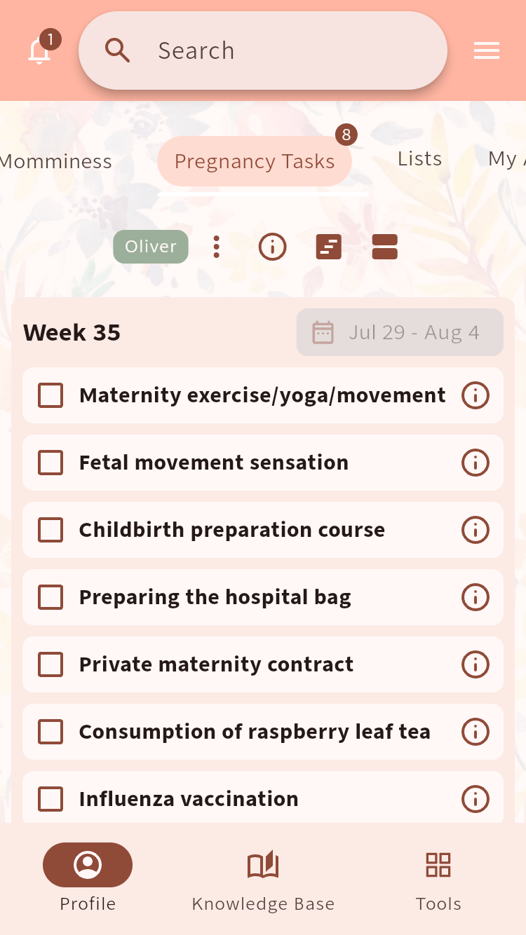 Week 35 pregnancy task list with checkboxes and information links⁠.