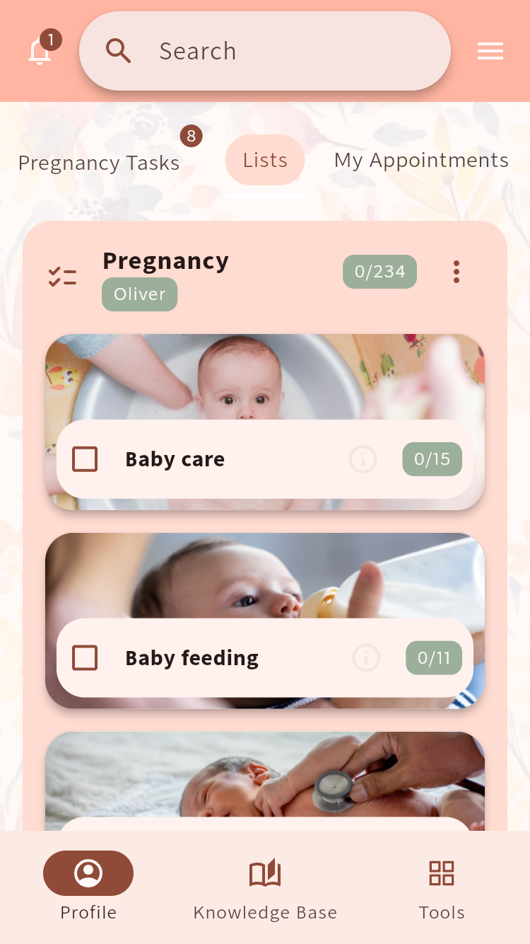 Pregnancy checklist overview with baby care, feeding and health groups and progress counts⁠.