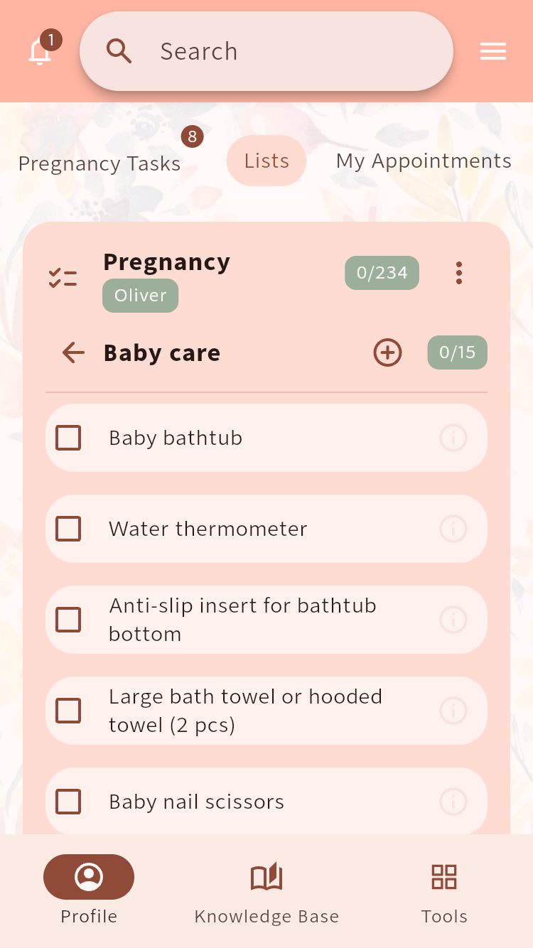 Baby care checklist showing individual preparation items with checkboxes⁠.