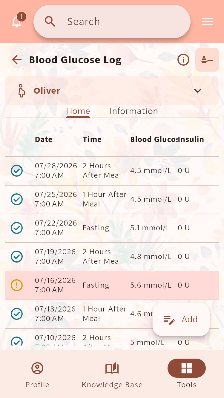 Blood Glucose Log listing dated readings, measurement timing and insulin entries⁠.