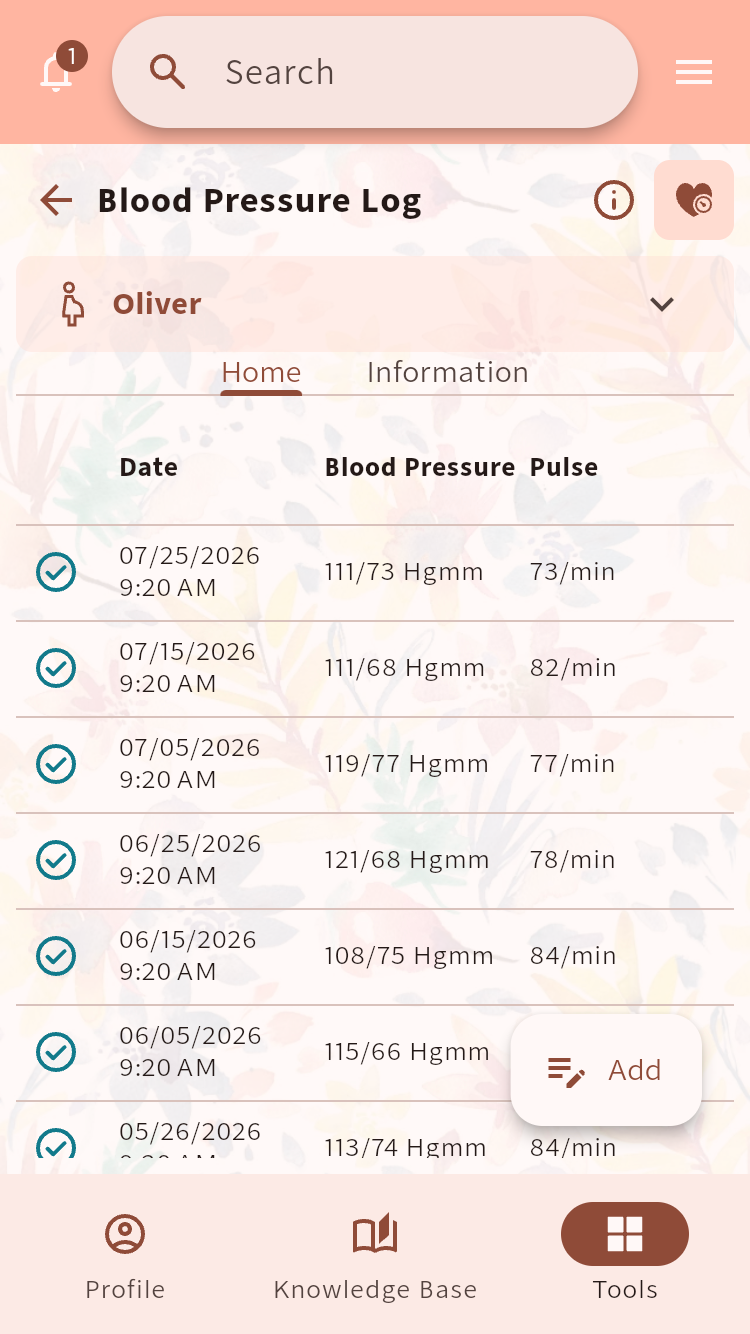 Blood Pressure Log listing dated blood pressure and pulse readings⁠.