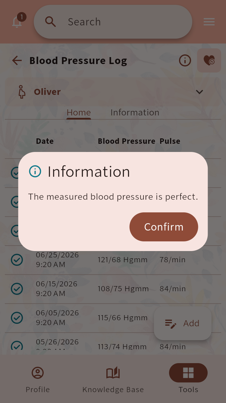 Blood Pressure Log showing an information dialog for a selected reading⁠.