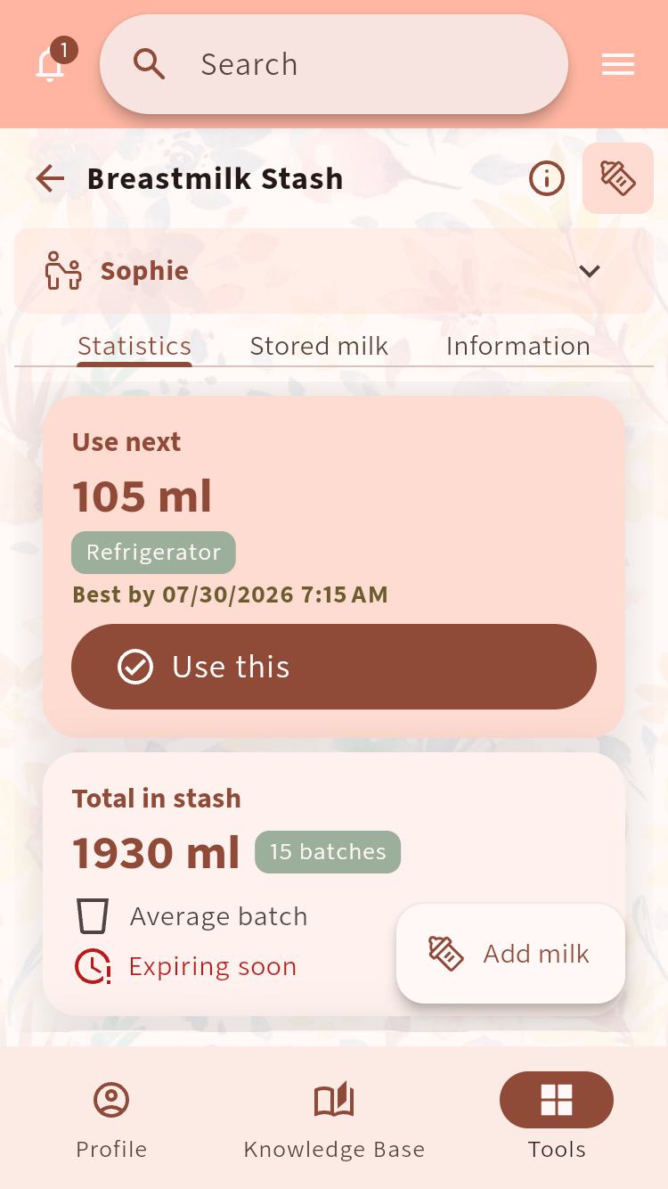 Breastmilk Stash showing total stored milk and a suggested batch to use next⁠.