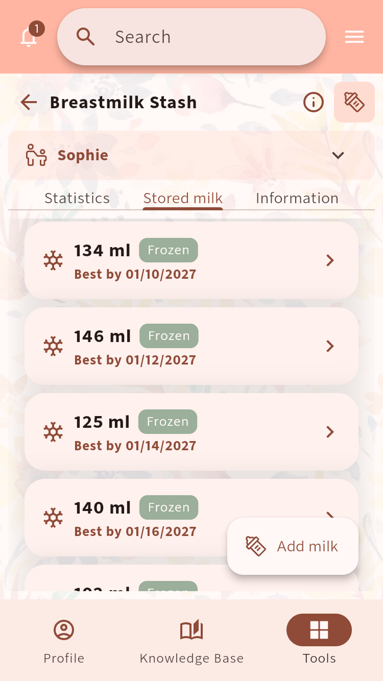 Breastmilk Stash showing frozen batches with amounts and best-before dates⁠.