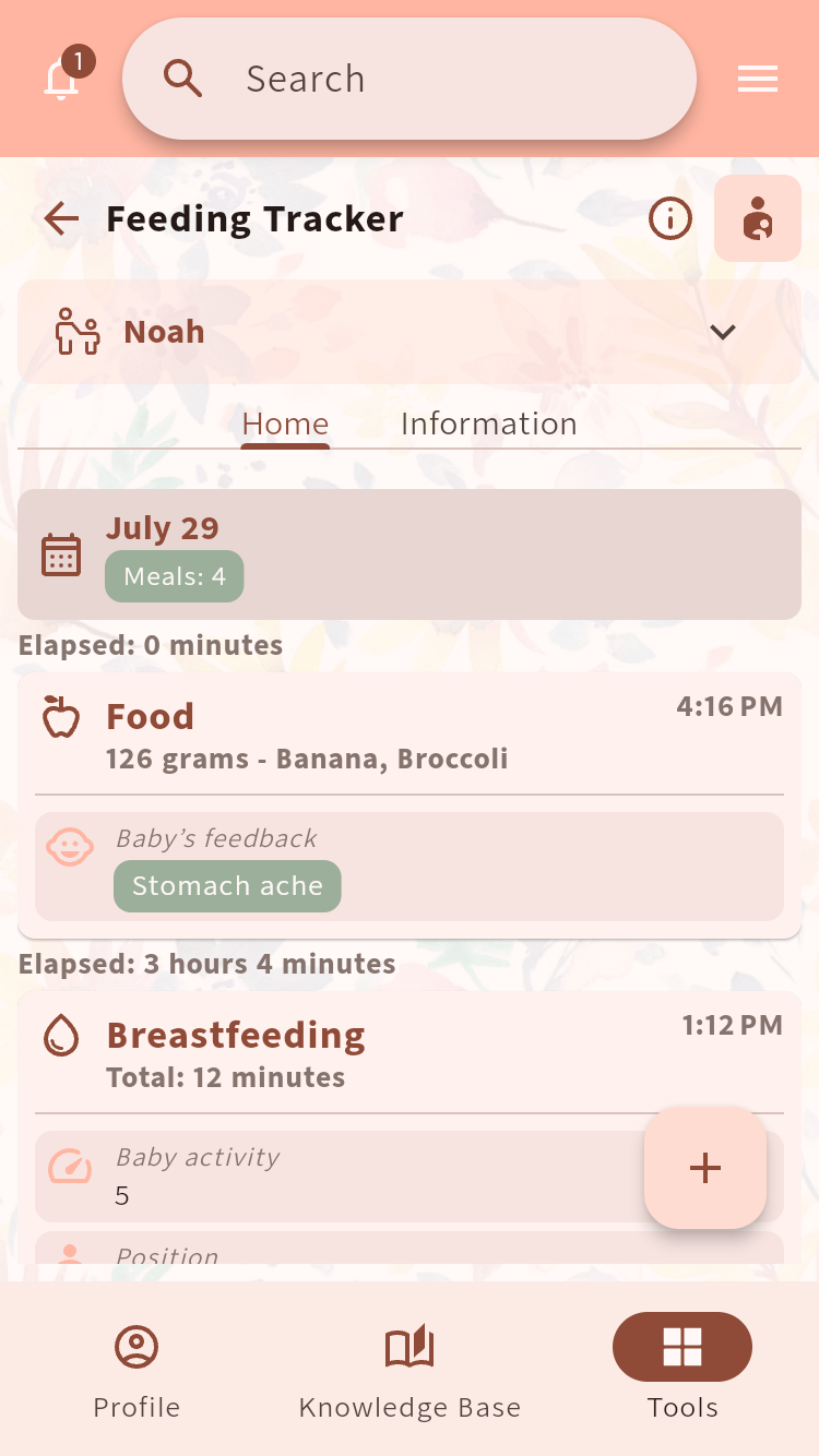 Feeding Tracker daily view with solid-food and breastfeeding entries⁠.