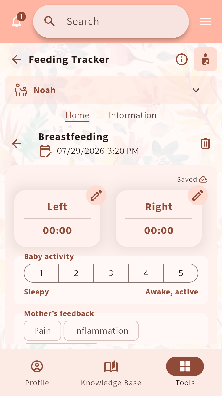 Feeding Tracker form for recording a breastfeeding session and optional observations⁠.