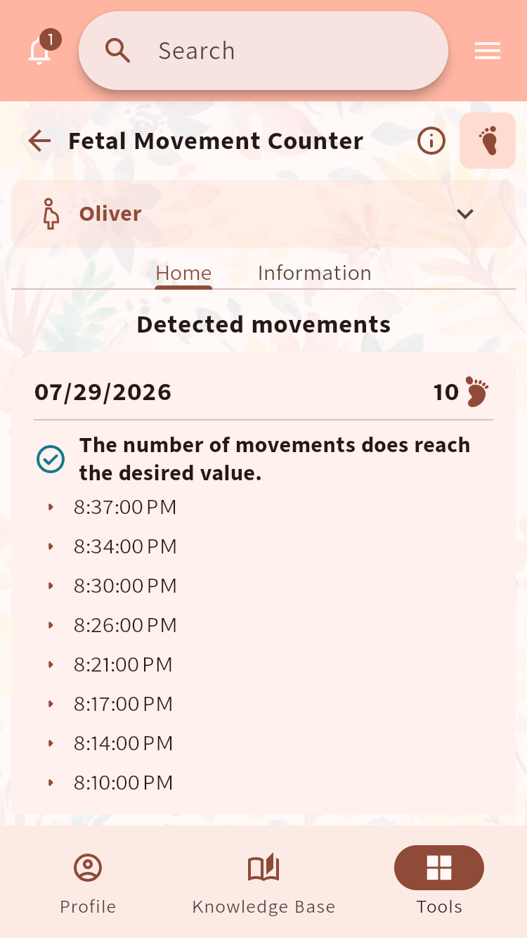 Fetal Movement Counter showing the times recorded in a movement session⁠.