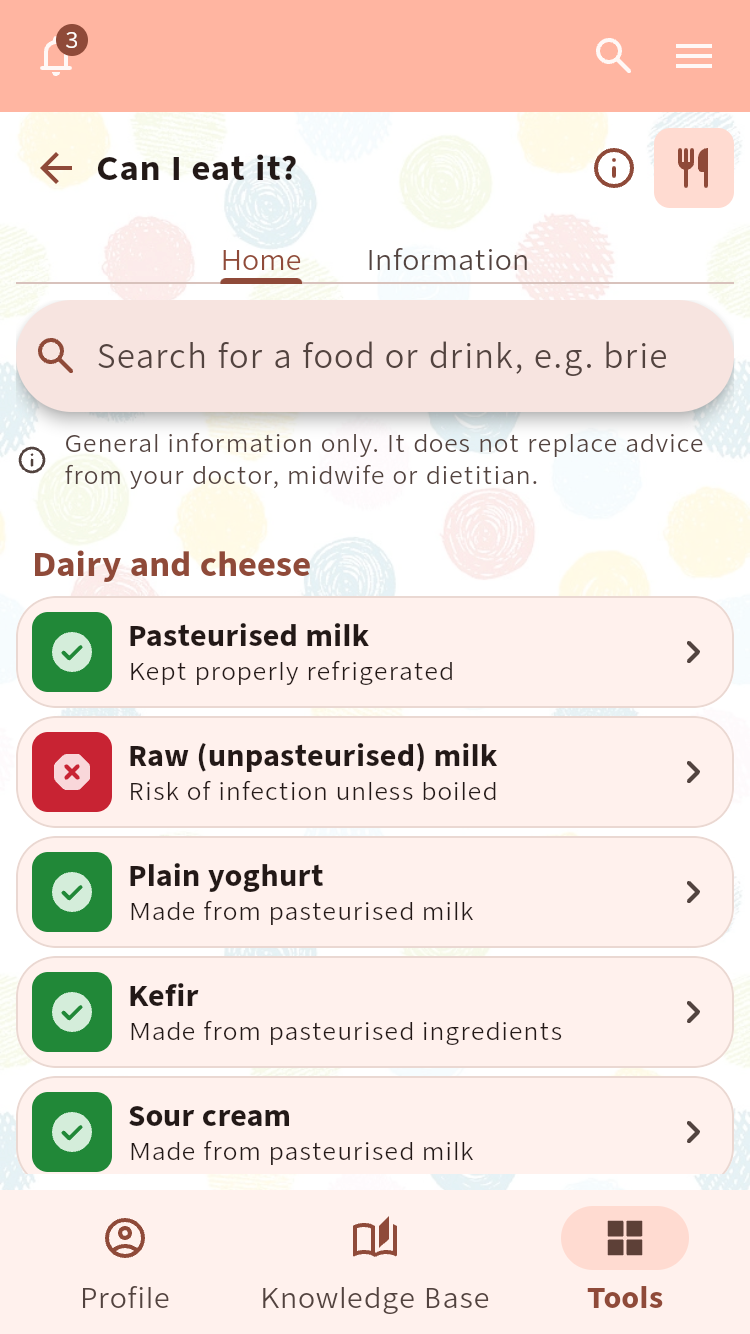Can I eat it? showing a searchable list of foods with pregnancy safety statuses and preparation notes.