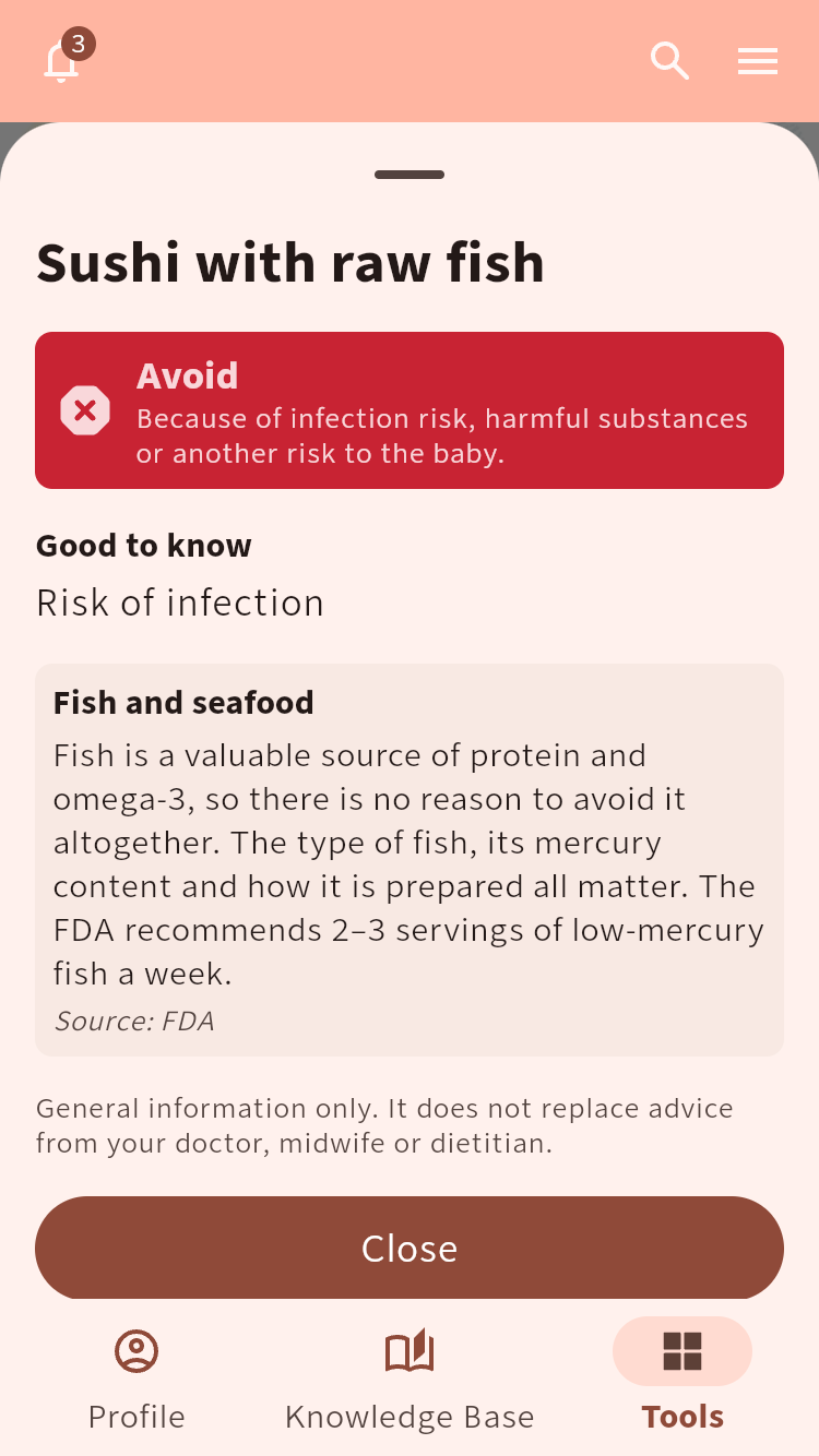 Can I eat it? detail view for sushi with raw fish, marked avoid with the reason and source context.