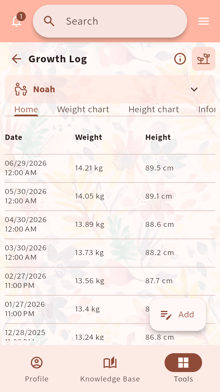 Growth Log listing a child's dated height and weight records⁠.