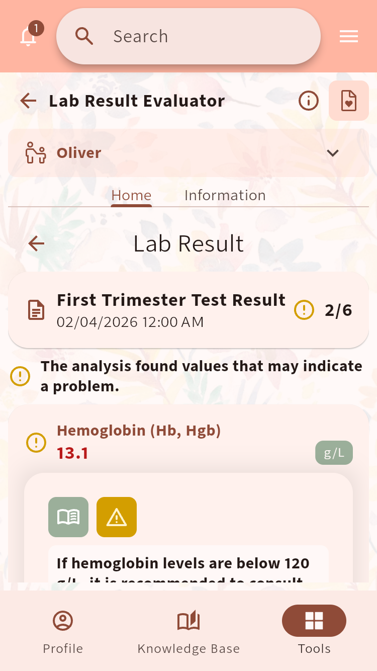 Lab Result Evaluator showing a pregnancy test result with values that need attention and supporting information⁠.