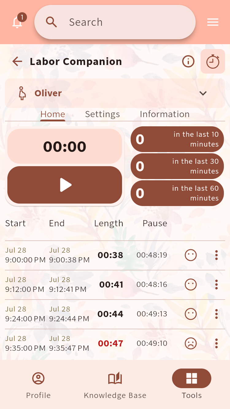 Labor Companion showing a contraction timer and a recent timing history⁠.