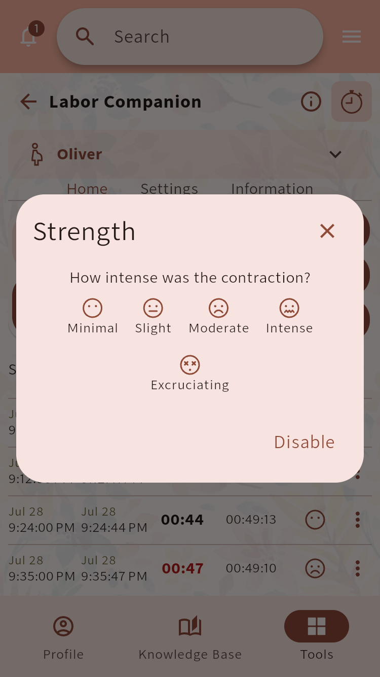 Labor Companion strength selector for adding a personal intensity note to a contraction⁠.