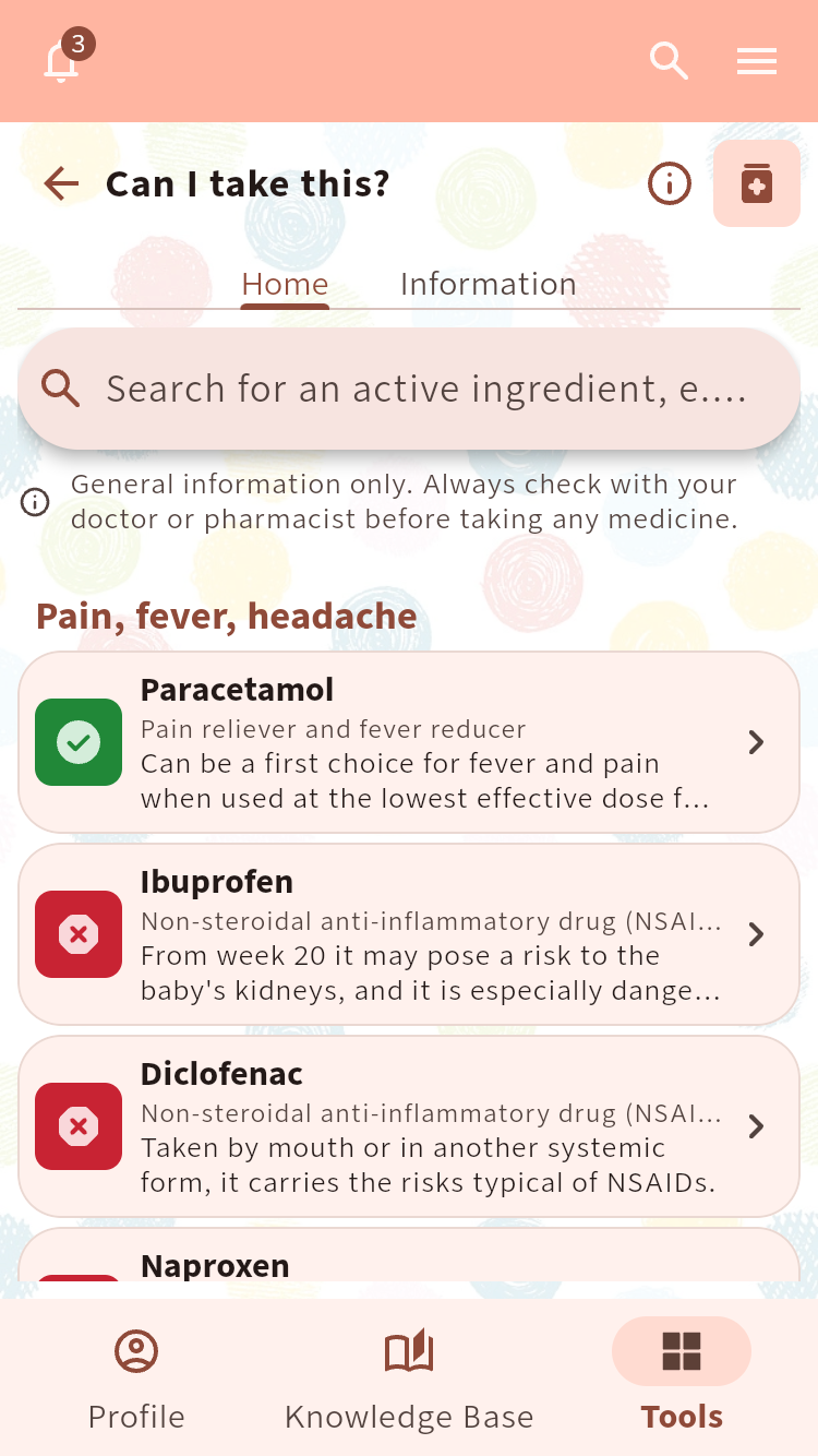 Can I take this? showing searchable active ingredients with pregnancy-use categories and short notes.