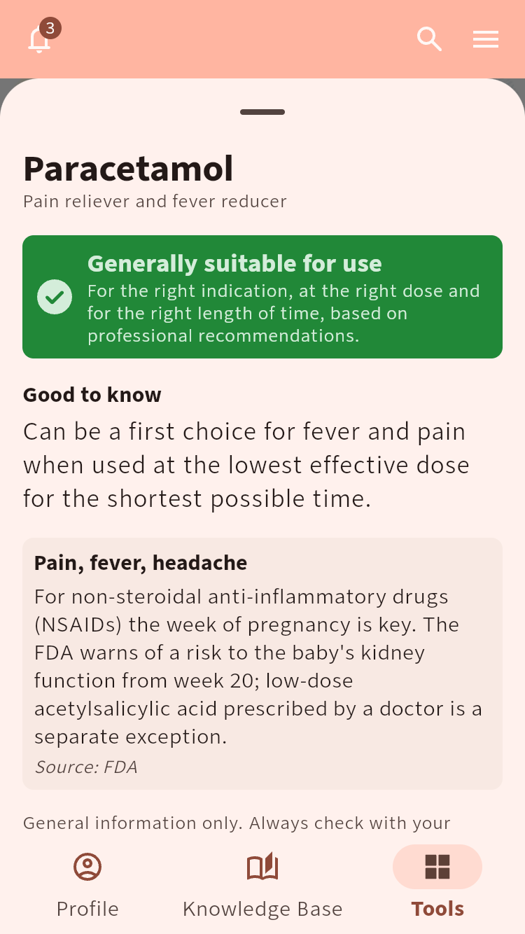Can I take this? detail view for paracetamol with its general-use category, conditions and source context.