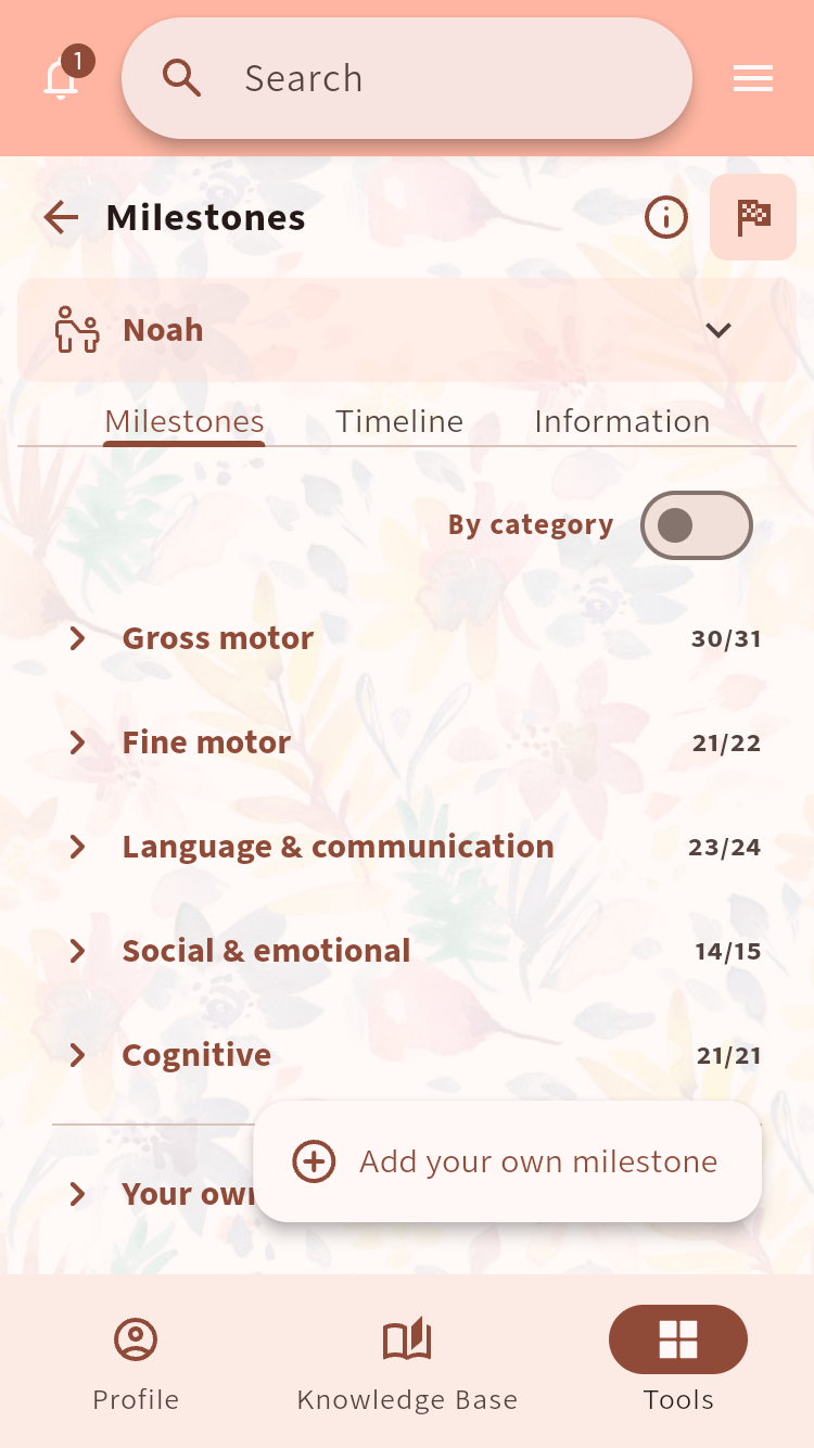 Milestones showing development categories and an option to add a custom milestone⁠.