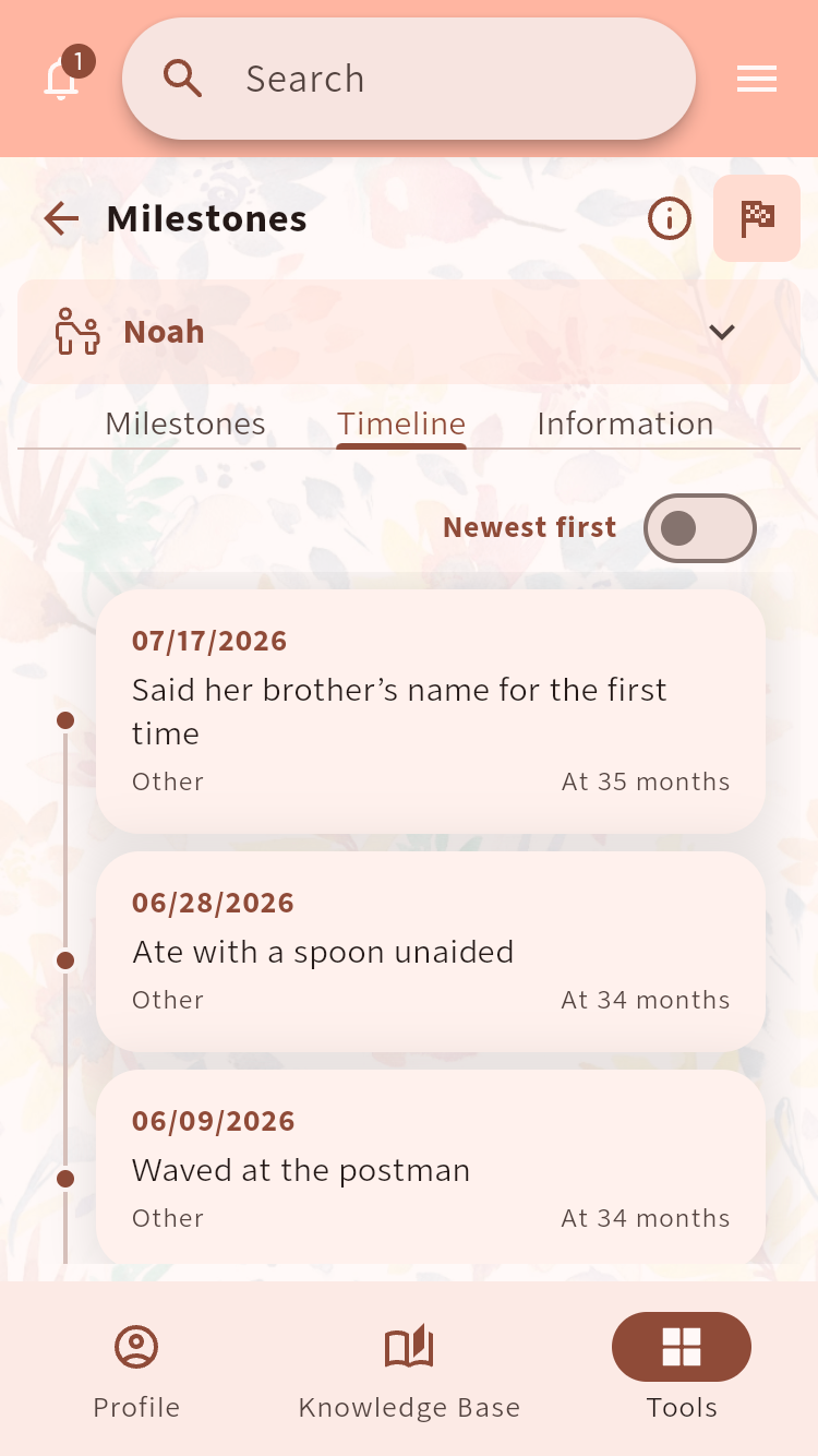 Milestones timeline showing dated achievements and the child's age⁠.