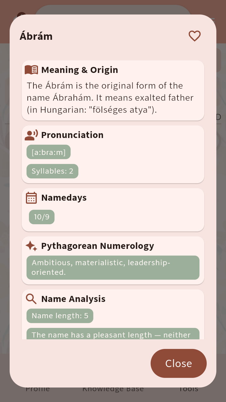Name Browser details for a name, including meaning, pronunciation, name days and playful insights⁠.