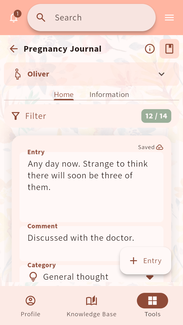 Pregnancy Journal showing a saved entry with a note and category⁠.