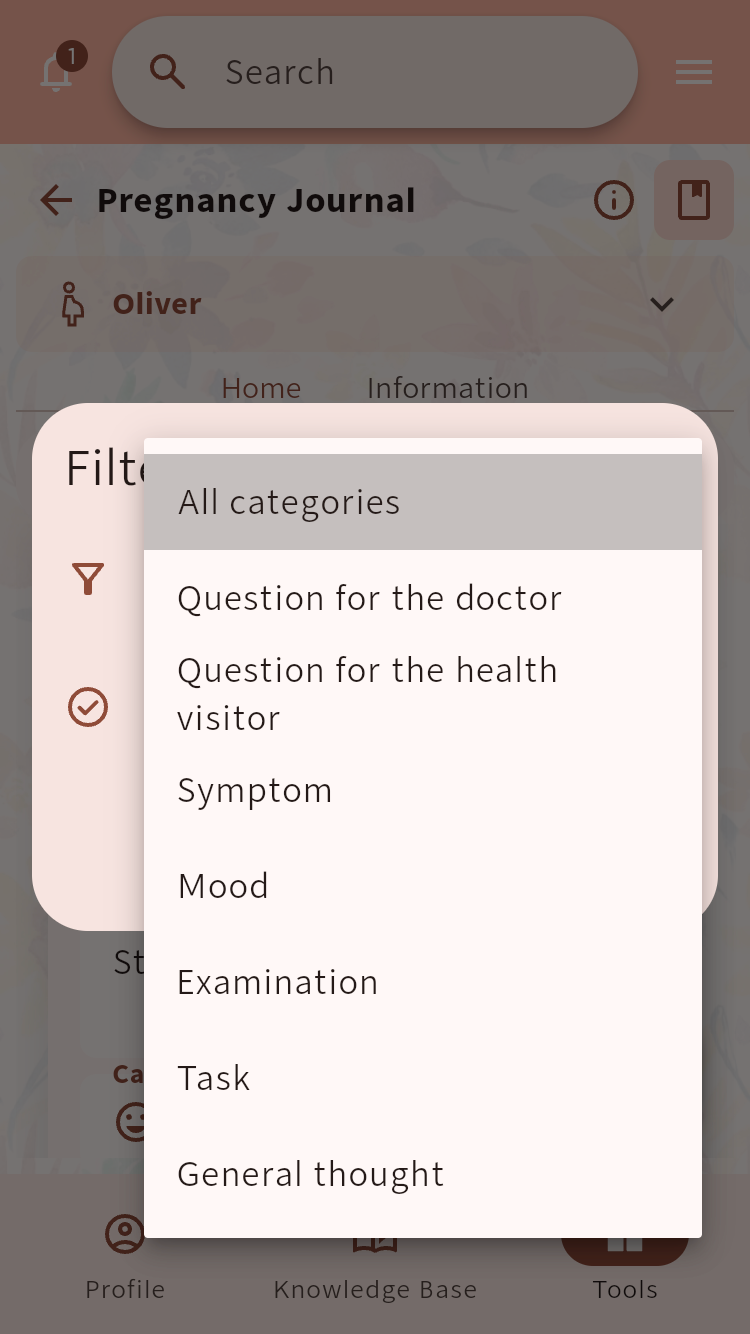 Pregnancy Journal category filter with options for questions, symptoms, moods, examinations and tasks⁠.