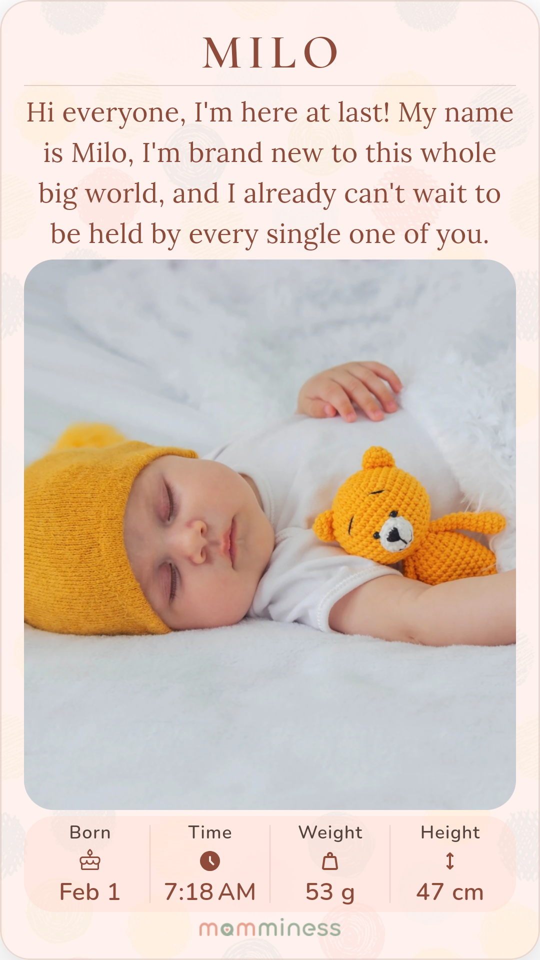 Finished Share Birth announcement card for Milo with a baby photo and birth details⁠.