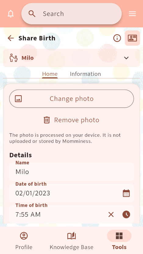 Share Birth editor with photo controls and editable birth details⁠.