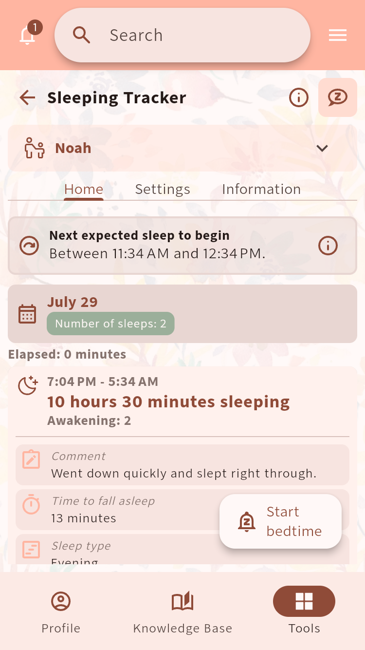 Sleeping Tracker daily view with a sleep session, awakenings and a note⁠.
