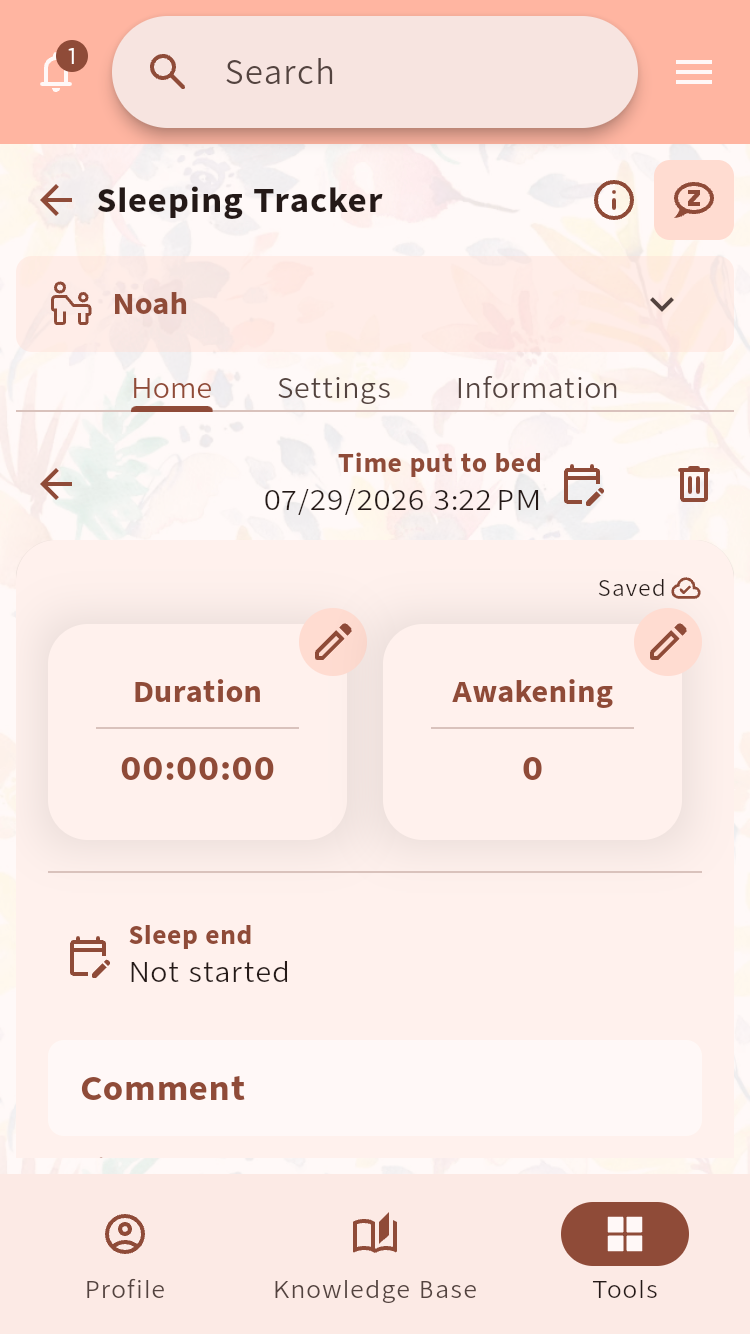 Sleeping Tracker form for recording duration, awakenings, sleep end and a comment⁠.