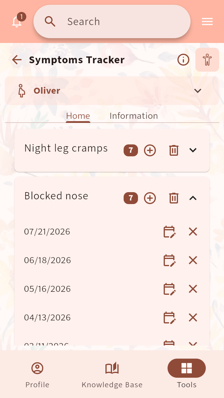 Symptoms Tracker showing recorded symptoms, occurrence counts and dated entries⁠.