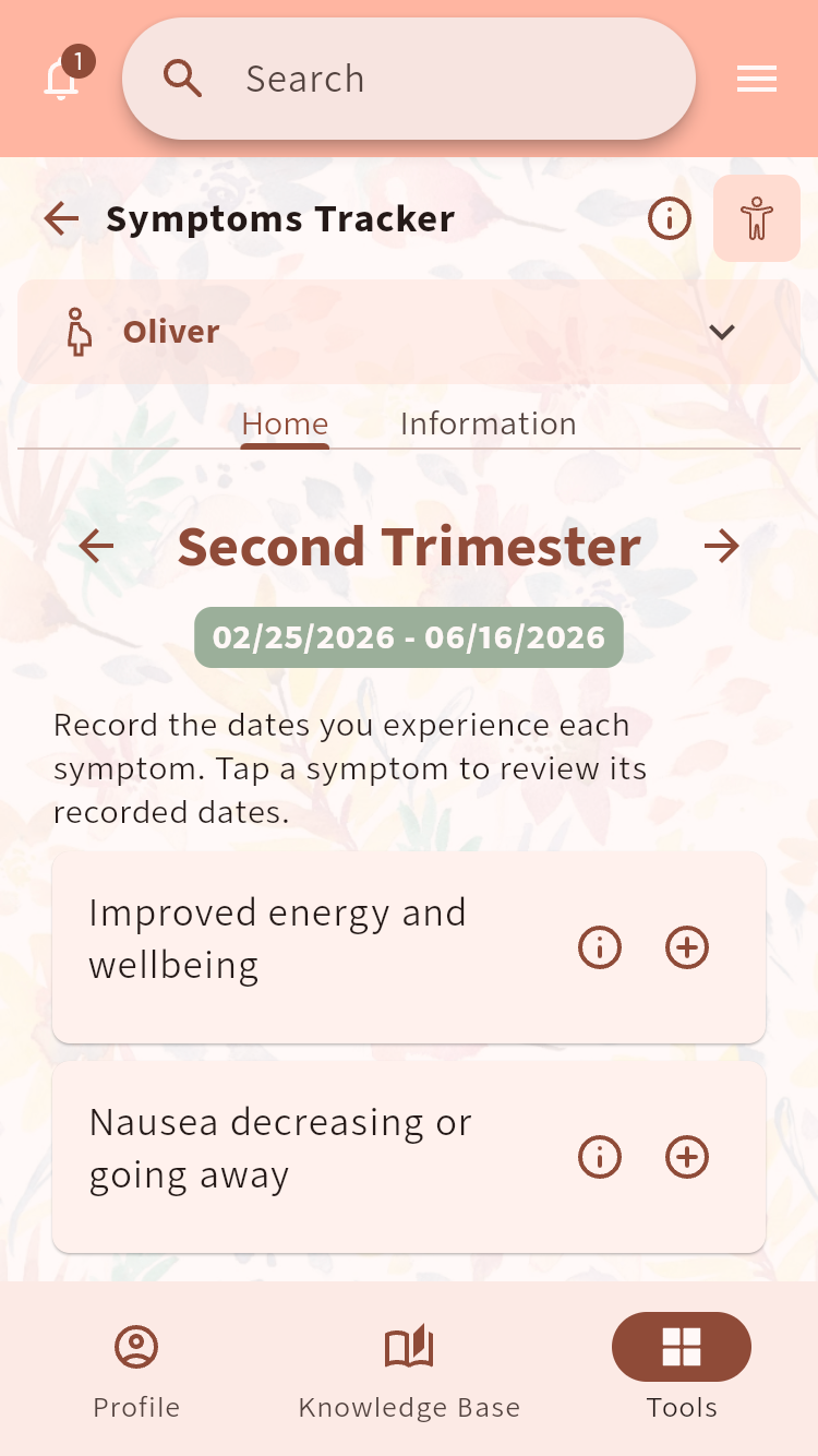 Symptoms Tracker showing suggested symptoms for the second trimester⁠.