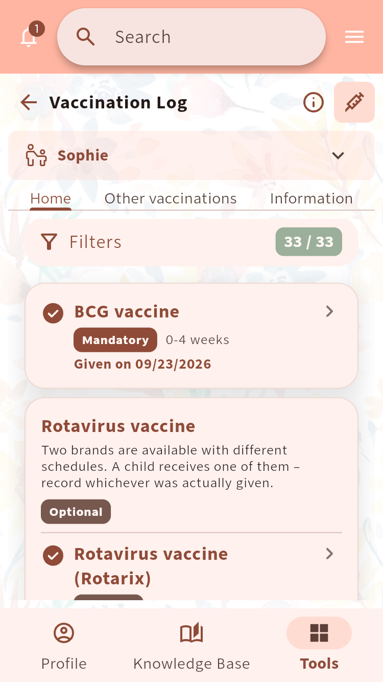 Vaccination Log showing the Hungarian schedule, filters, mandatory and optional vaccines, and recorded dates⁠.