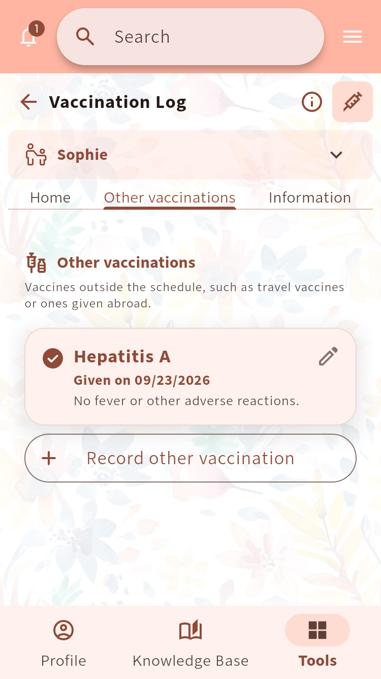 Other vaccinations view with a recorded Hepatitis A vaccination and an action to add another vaccination⁠.
