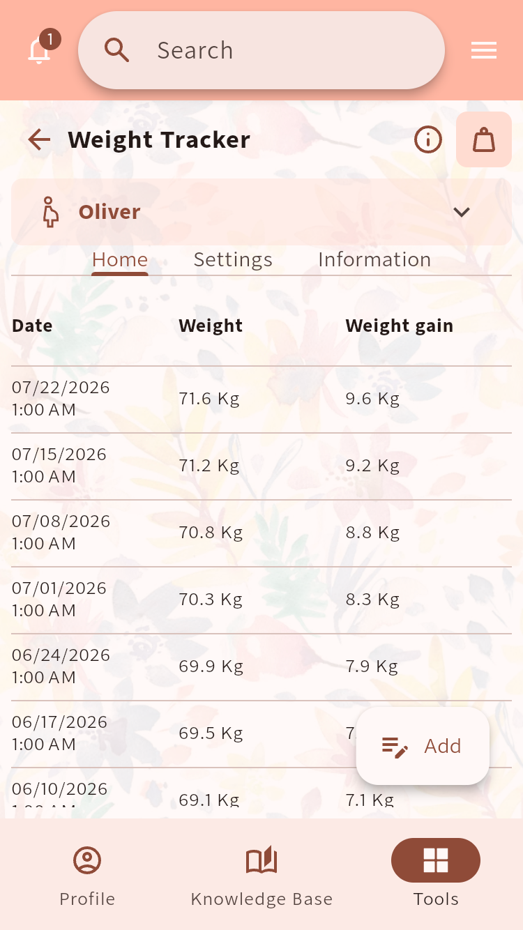 Weight Tracker listing dated pregnancy weights and changes from the starting weight⁠.