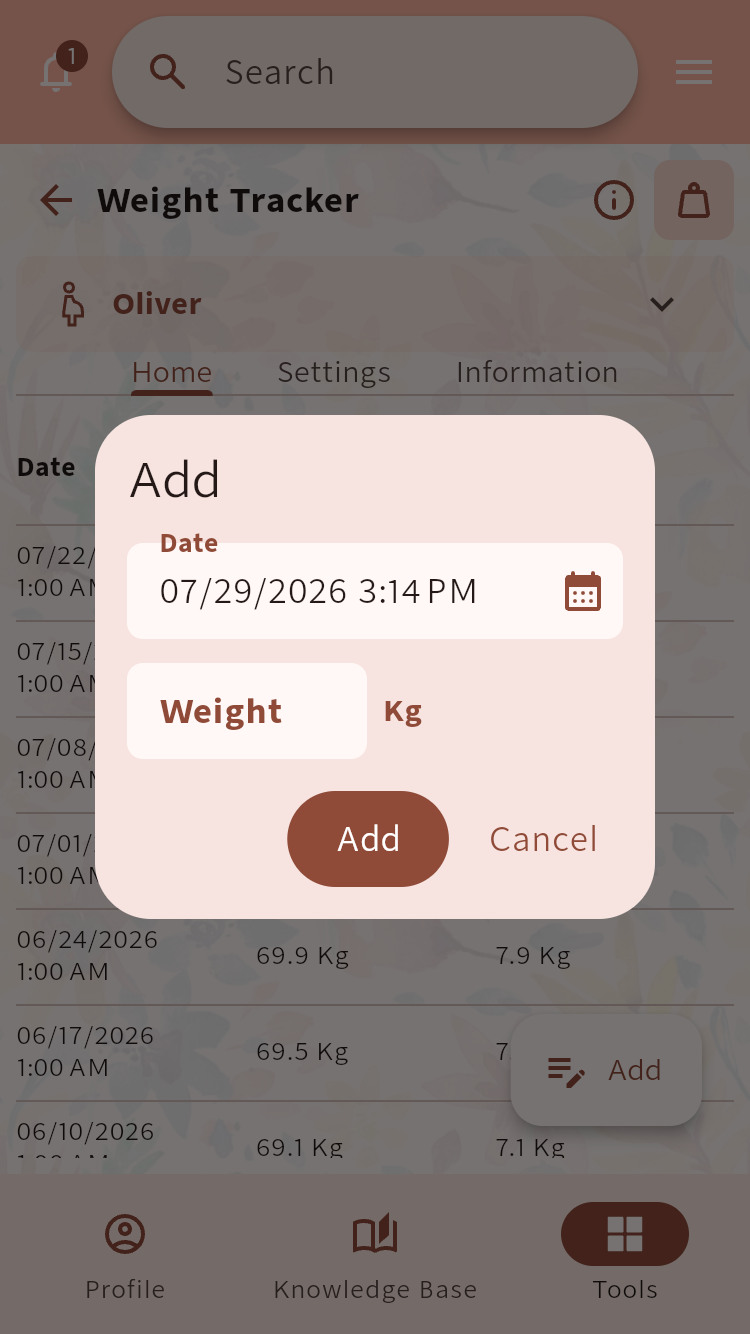 Weight Tracker form for adding a dated measurement⁠.